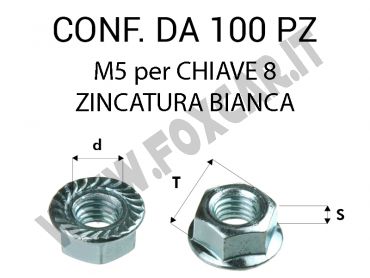 Dado rondellato con zigrinatura, filetto M5 per chiave da 8, zinc. bianca