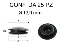Gommino copri fori di 12 mm. A=17,5 mm B=12,0 mm C=16,0 mm H=1,0 mm