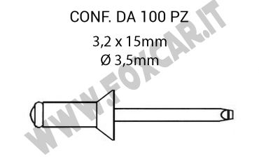 Rivetti a strappo testa conica gambo diametro 3,2 lunghezza 15 mm per foro da 3,5
  mm