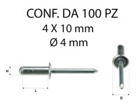 Rivetti a strappo in alluminio 4 x 10 mm e con foro di Ø 4 mm