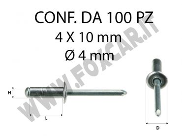 Rivetti a strappo in alluminio 4 x 10 mm e con foro di Ø 4 mm