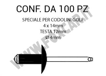 Rivetti a strappo nero, a testa larga, in alluminio 4 x 14 mm e foro di Ø 4 mm.
  Speciale per codolini Golf