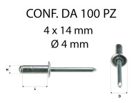 Rivetti a strappo in alluminio 4 x 14 mm e foro di Ø 4 mm