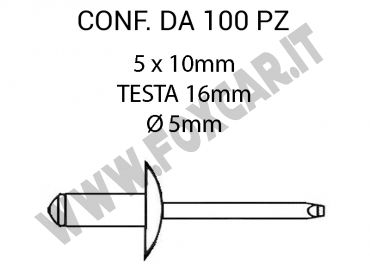 Rivetti a strappo, a testa larga, in alluminio 5x10 mm, testa 16 mm e foro Ø 5 mm