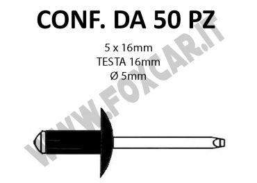 Rivetti a strappo nero, a testa larga, in alluminio 5x16 mm e con foro di Ø 5 mm