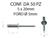 Rivetti a strappo in acciaio zincato 5x20 mm e foro di Ø 5 mm