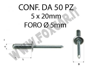 Rivetti a strappo in acciaio zincato 5x20 mm e foro di Ø 5 mm