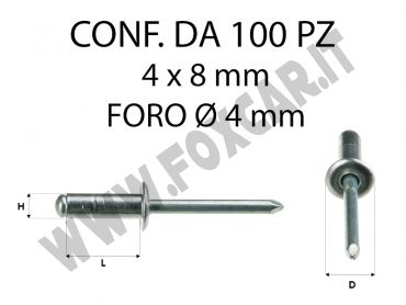 Rivetti a strappo in alluminio 4 X 8 mm per foro Ø 4 mm