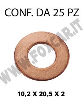 Rondella guarnizione in rame con diametro interno di 10,2 mm, Ø esterno 20,5 mm,
  spessore 2 mm