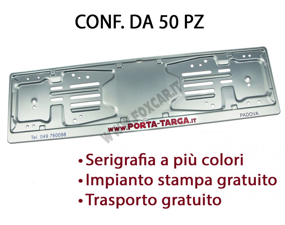 Porta targa posteriore in alluminio con stampa digitale. Conf. 50