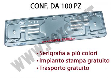 Porta targa posteriore in acciaio verniciato grigio metallizzato con stampa digitale.
  Conf. 100 pz