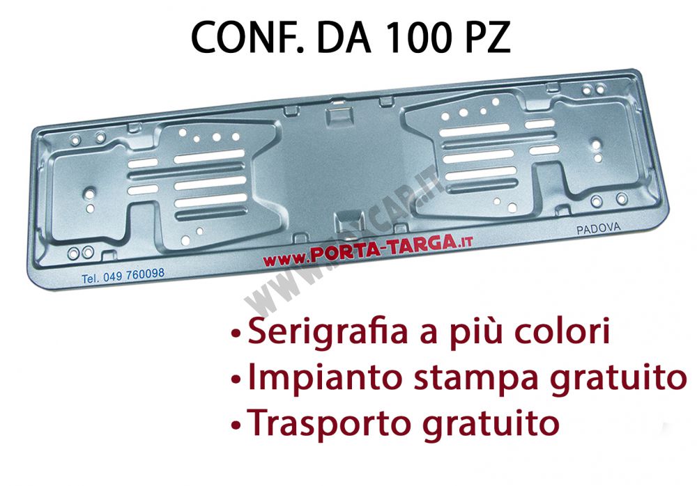 Porta targa posteriore in acciaio verniciato grigio metallizzato con stampa  digitale. Conf. 100 pz - PORTA TARGA AUTO PERSONALIZZATI - Foxcar Foxcar
