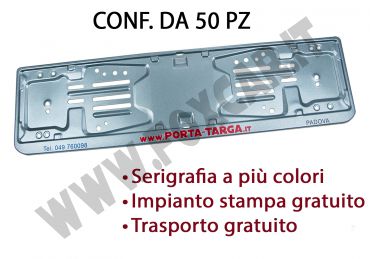 Porta targa posteriore in acciaio verniciato grigio metallizzato con stampa digitale.
  Conf. 50 pz