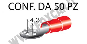 Terminali ad occhiello presisolati per viti da 4 mm e cavi da 0,25 a 1 mm², ricoperti
  in plastica di colore rosso