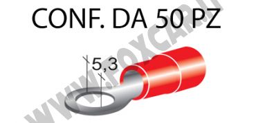 Terminali ad occhiello presisolati per viti da 5 mm e cavi da 0,25 a 1 mm², ricoperti
  in plastica di colore rosso