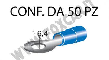 Terminali ad occhiello presisolati per viti da 6 mm e cavi da 1 a 2,5 mm², ricoperti
  in plastica di colore blu