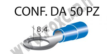 Terminali ad occhiello presisolati per viti da 8 mm e cavi da 1 a 2,5 mm², ricoperti
  in plastica di colore blu