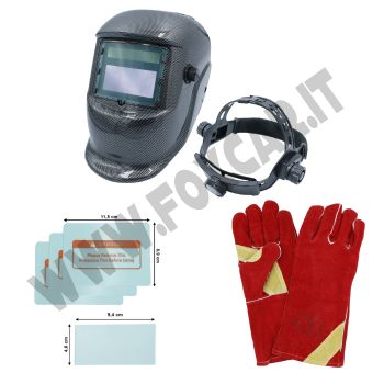 PROMO Casco da saldatura stile carbonio + kit sostituzione vetrini + guanti da saldatore