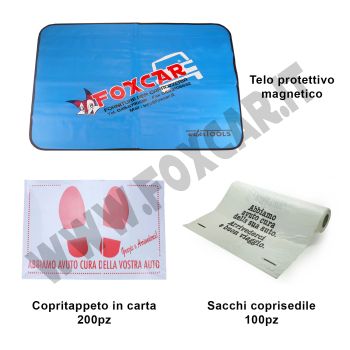 PROMO: Telo protettivo magnetico + Copritappeto in carta 50x35 cm + Sacchi coprisedile in PE rotolo da 100 pz