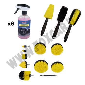 Promo: x6 spray detergente pulizia cerchi ph neutro+ Kit 3 spazzole per la pulizia dei cerchi auto + Kit di 10 spazzole con estensore di 15 cm