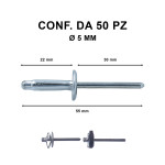Rivetti tipo a fiore alluminio 5x20 mm a testa larga &Oslash; 14 mm per foro...