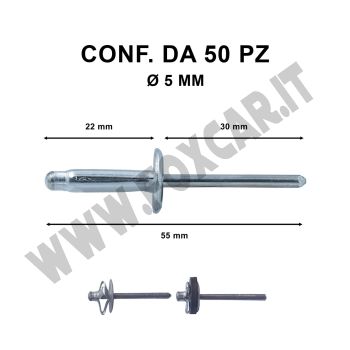 Rivetti tipo a fiore alluminio 5x20 mm a testa larga Ø 14 mm per foro Ø 5 mm