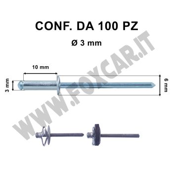 Rivetti a strappo in alluminio con misure 3 x 10 mm e con foro di Ø 3 mm