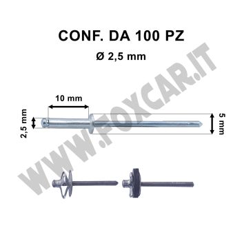 Rivetti a strappo in alluminio con misure di 2,5 x 10 mm e foro di Ø 2.5 mm