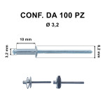 Rivetti a strappo in alluminio 3,2 x 10 mm e foro con &Oslash; 3,2 mm
