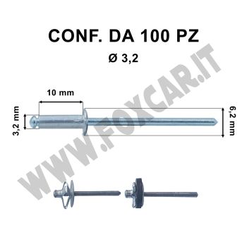 Rivetti a strappo in alluminio 3,2 x 10 mm e foro con Ø 3,2 mm