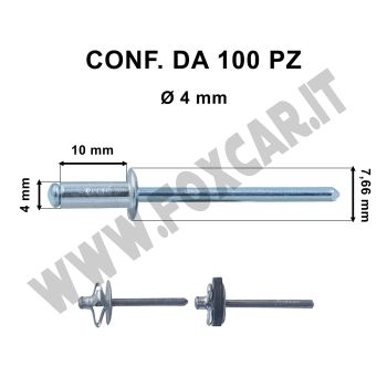 Rivetti a strappo in alluminio 4 x 10 mm e con foro di Ø 4 mm