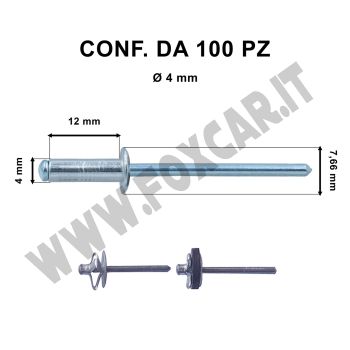 Rivetti a strappo in alluminio 4 x 12 mm e foro di Ø 4 mm