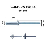 Rivetti a strappo in alluminio 4 x 14 mm e foro di &Oslash; 4 mm