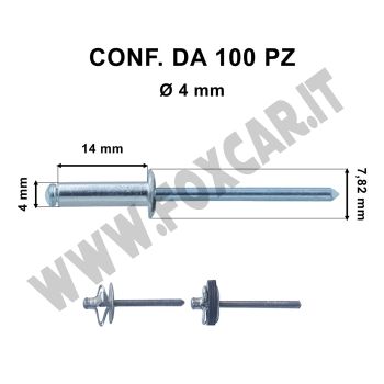 Rivetti a strappo in alluminio 4 x 14 mm e foro di Ø 4 mm