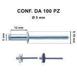 Rivetti a strappo in alluminio 5 x 12 mm e foro di &Oslash; 5 mm