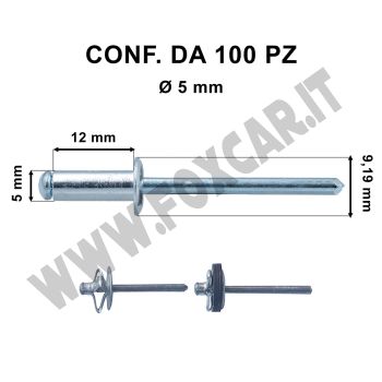 Rivetti a strappo in alluminio 5 x 12 mm e foro di Ø 5 mm