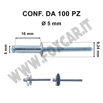 Rivetti a strappo in alluminio con misure di 5 x 16 mm e con foro di Ø 5 mm