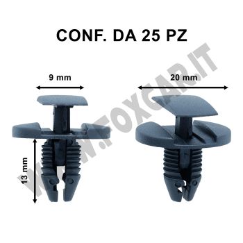 Bottone con perno e testa ad incastro su Peugeot lunghezza 16 mm Ø testa 20 mm per foro da 7 mm