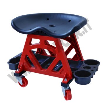 Sgabello ergonomico con seduta per meccanici e carrozzieri con porta oggetti