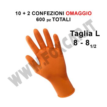PROMO: 10 + 2 omaggio confezioni di guanti arancioni monouso in nitrile taglia L alto spessore, 600 pz totali