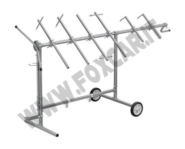 Cavalletto girevole per verniciatura con rotelle e supporti per cofani e alettoni