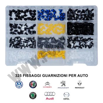Kit 325 fissaggi per guarnizioni di cofano e porta per auto Volkswagen, Audi, Skoda, Citroën, Peugeot, Renault, Opel, Alfa Romeo e Toyota