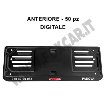 Portatarga anteriore personalizzati in acciaio verniciato nero SERIGRAFIA DIGITALE, 50 pz