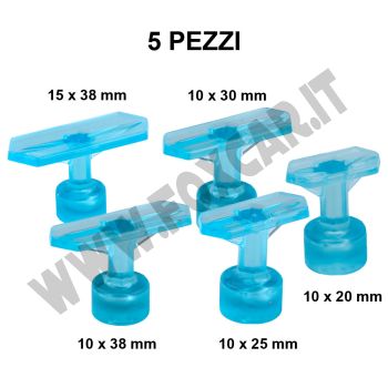 Ventose levabolli esagonali per colla a caldo, misure 10x20, 10x25, 10x30, 10x38 e 15x38 mm, azzurre semi-trasparenti, per grandine e ammaccature